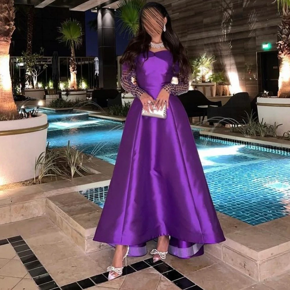 

Customized Classic Panel Train Pleats Sequined Off The Shoulder Long Sleeves Evening Dress Graceful A-Line Satin Party Dress