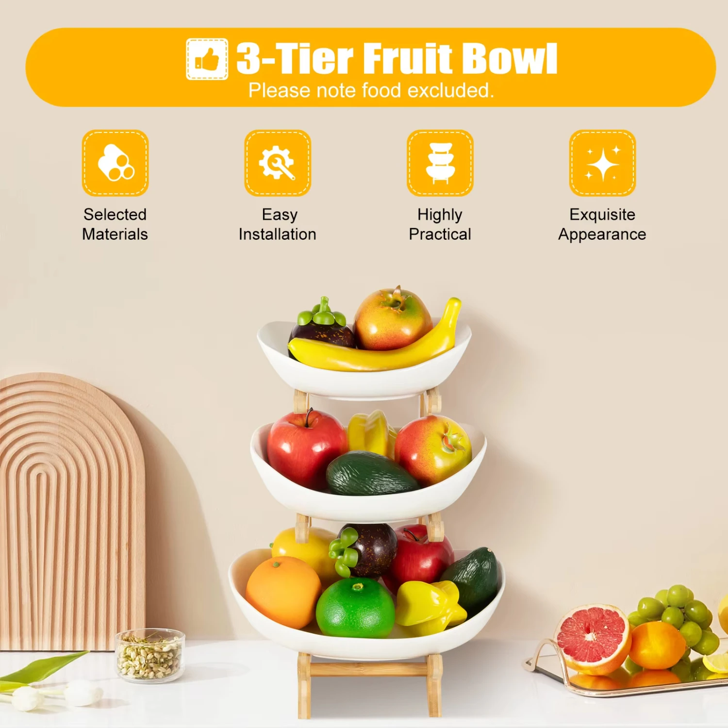 Fruit Basket Ceramic 3-Tier Fruit Bowl Fruit Stand Serving Tray Three Ceramic Plates Removable with Natural Bamboo Stand