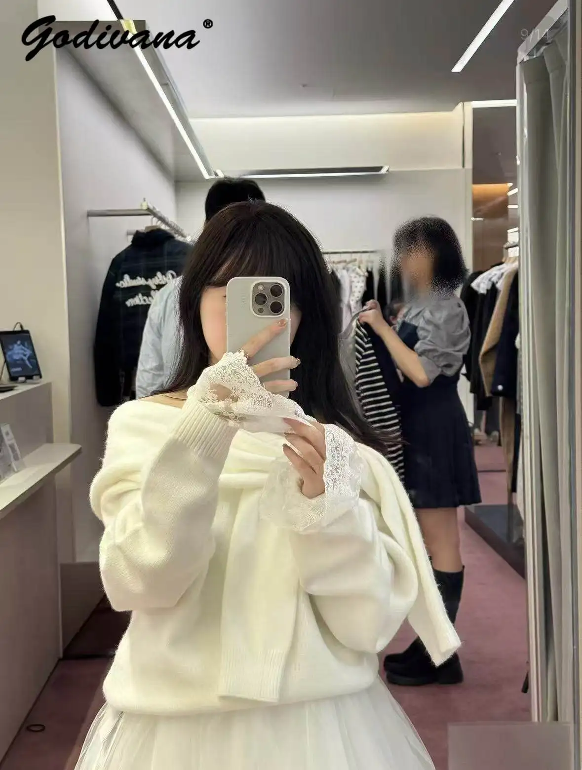 Japanese Style Women Autumn Winter Off-the-Shoulder Knit Top Shawl Tie Design Long Sleeve Loose Sweater with Lace Cuffs