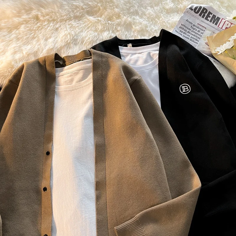 

Retro Japanese Sle Men's Knitwear Jaet Loose Fit V-Ne Long Sve Casual Wear for Autumn Winter Couples Faion