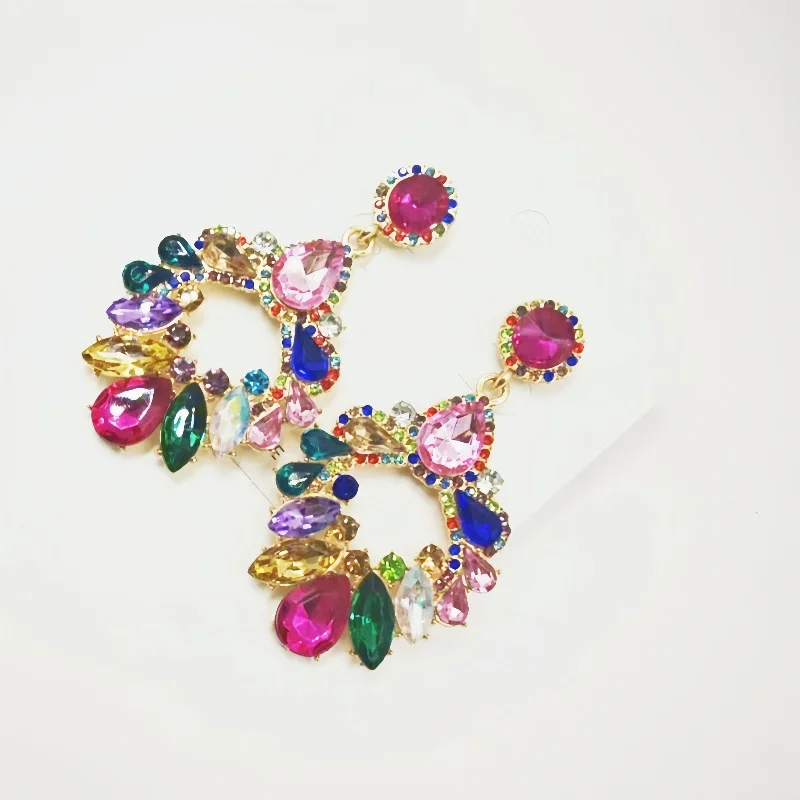 Fashion style multi-layer hollow rhinestone acrylic diamond with diamonds geometric colored diamond earrings women's super flash