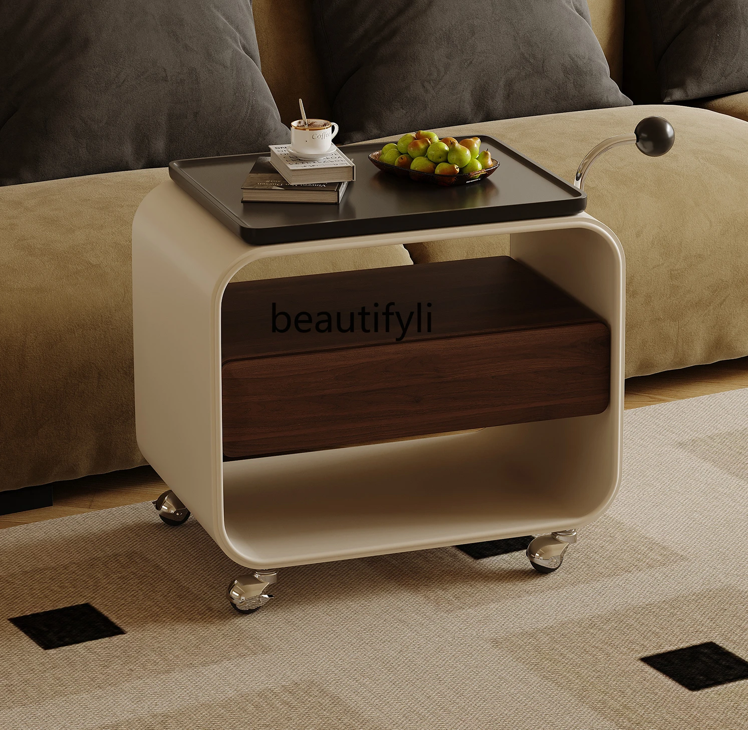 French Retro Living Room Multi-Functional Side Table Coffee Table Movable with Wheels Light Luxury High Sense Trolley