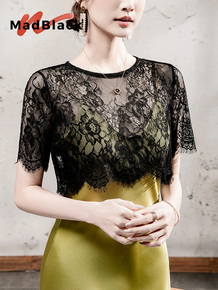 

MadBlack-Women European T-Shirt, Sexy O Neck Lace Hollow Out, Vintage Short Sleeve Loose Short Smock Tee, 2025 Summer T56403CC