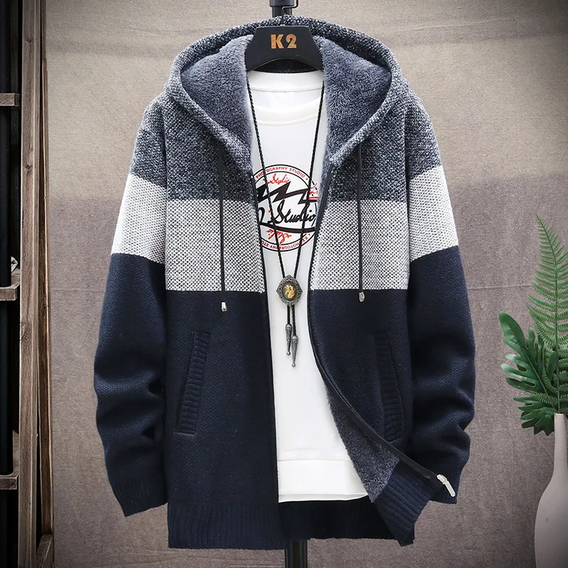 Men\'s Knit Sweater Fleece Coat Striped Jackets Fashion Hoodies Winter Autumn Thick Warm Windbreaker Pullovers Male Clothing