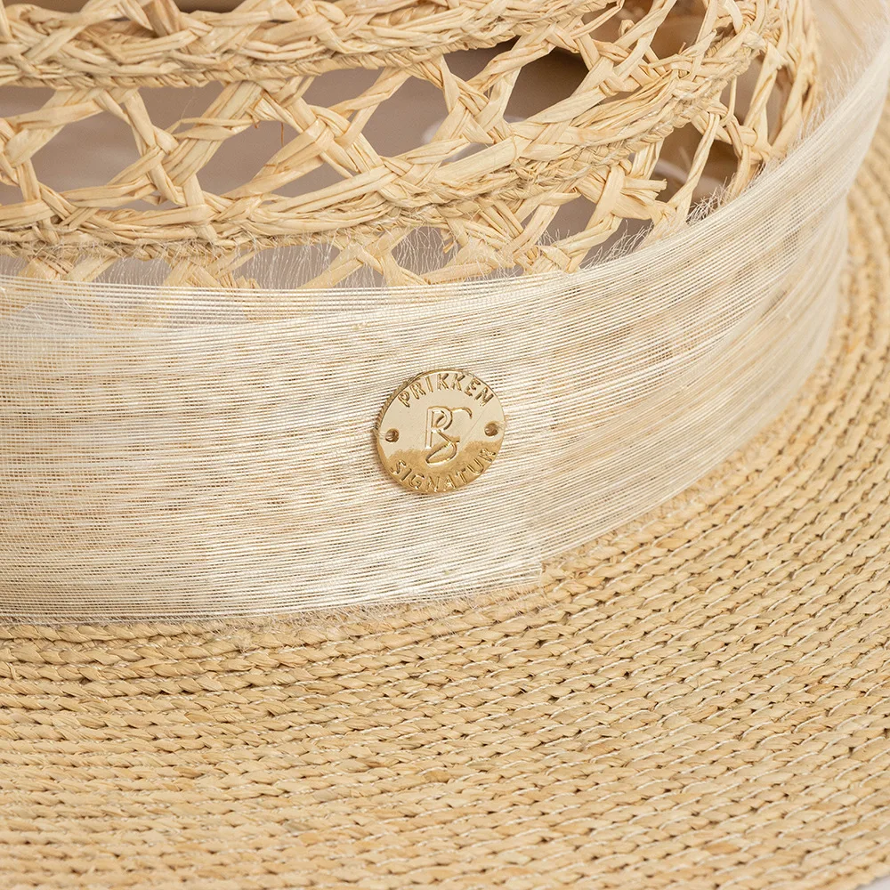 USPOP Summer Fashion Casual Hand-woven Hollow Top Raffia Sun Hat with Silk Linen Ribbon Flat Top Straw Hat Sunshade