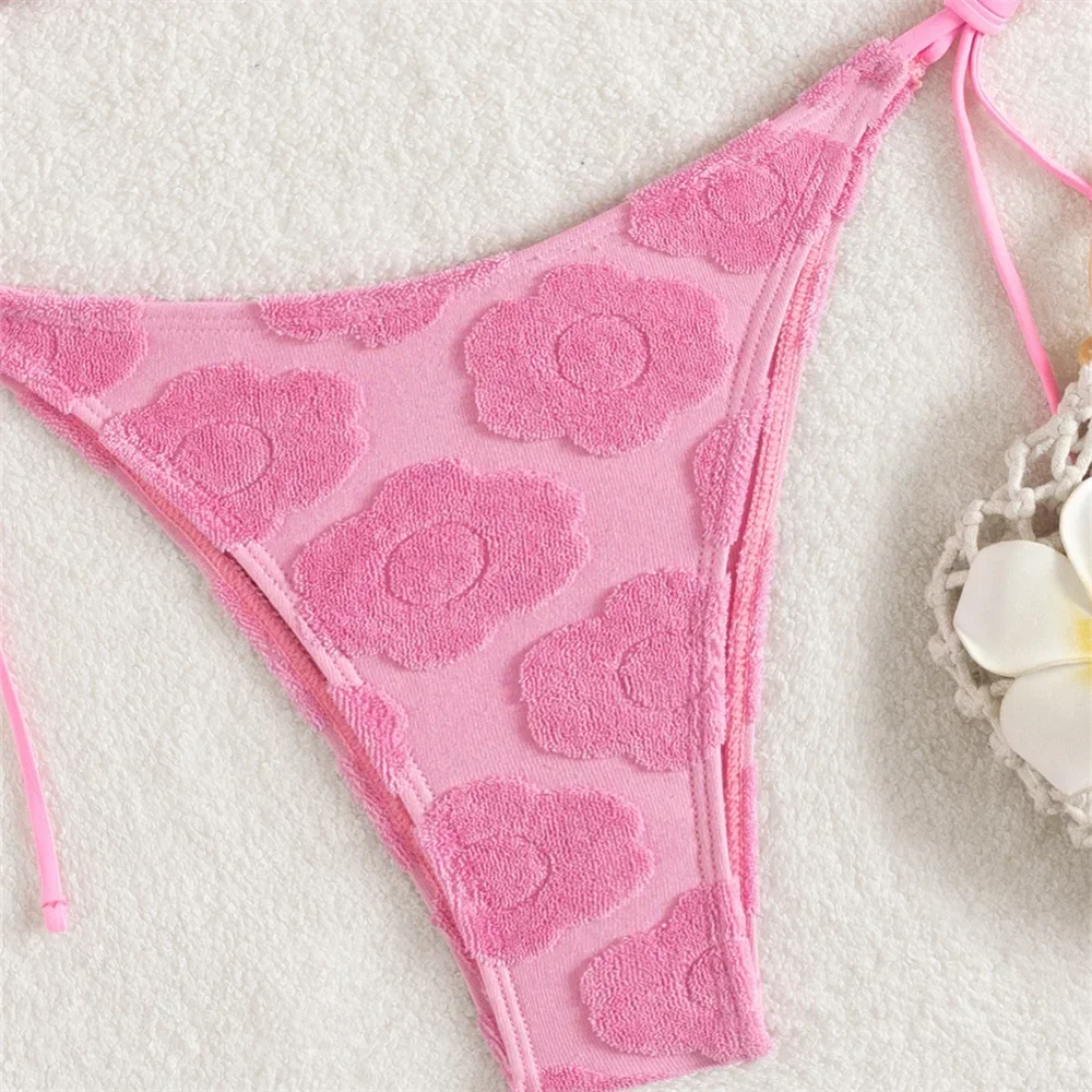 Pink Flower Jacquard Bikini Butterfly Rhinestone Micro String Backless Triangle Swimsuit Women Swimwear Thong Beach Bathing Suit