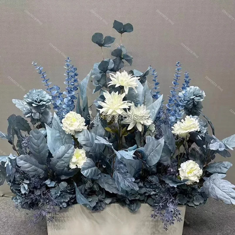 فاخر أزرق أبيض روز الطابق زهرة الاصطناعي شنقا زهرة صف الزفاف خلفية ديكور ترتيب لأحداث الحفلات في الهواء الطلق #4