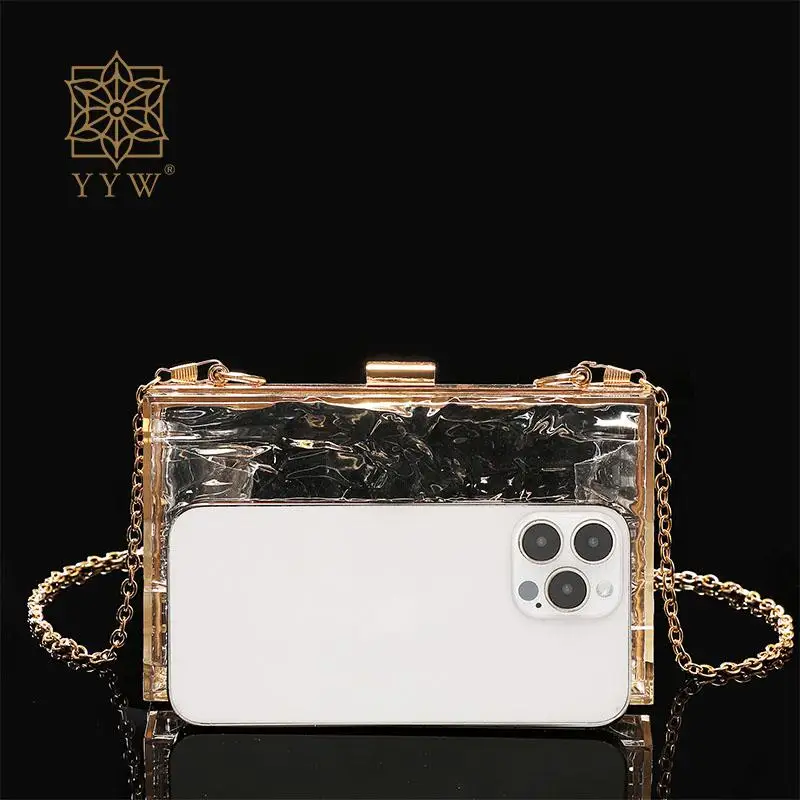 Fashion Ice Crackle Transparent Acrylic Clutch Handbags Women Evening Party Square Hard Purse with Chain Top Handle Shoulder Bag