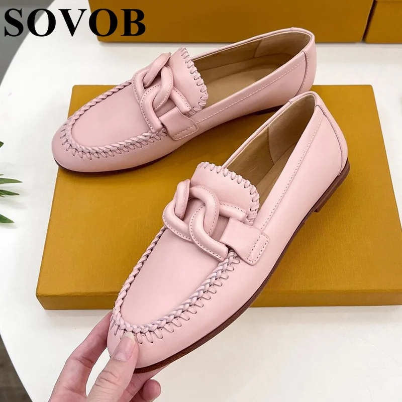 

Spring Autumn Deep Mouth Loafers Women Genuine Leather Chain Decor Flat Walking Single Shoes Ladies Daily Vacation Lazy Shoes