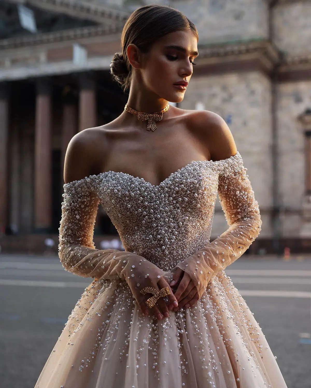 Summer A Line Wedding Dress Princess Pearls Beading Off Shoulder Long Sleeve Bridal Gowns Sexy Backless Birde Dresses