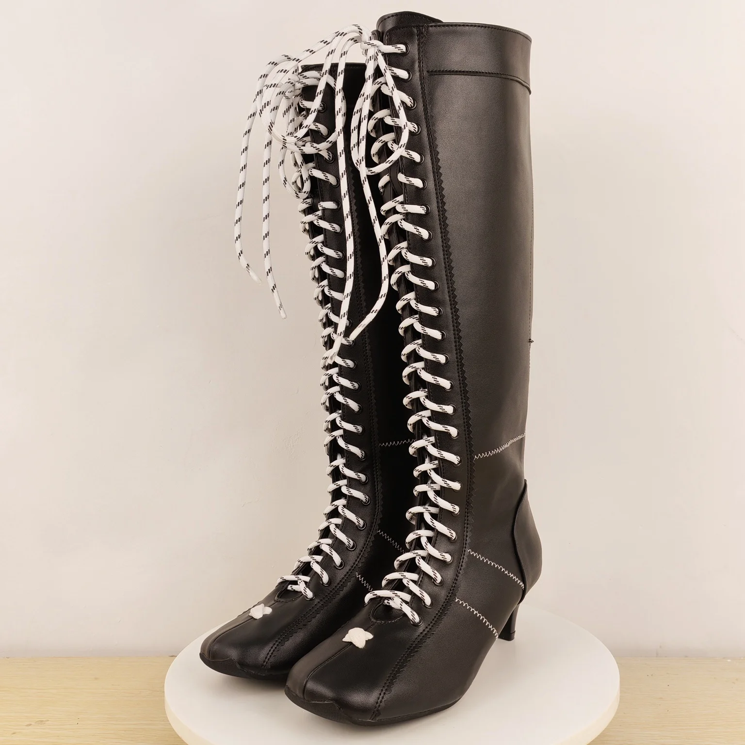 Women's Black Knee High Boots White Lace - Up Detail Fashionable Square Toe Kitten Heel Boots Stylish Elegant for Autumn Winter
