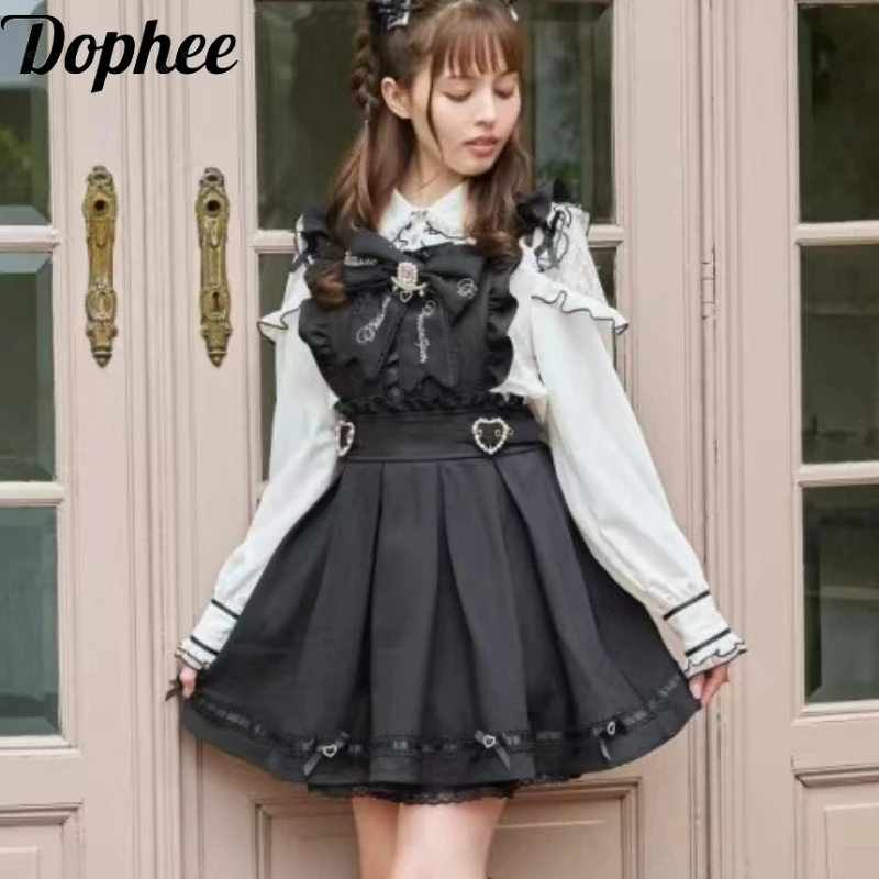 Dophee Japan Style Cute Lolita Suspender Skirt Gothic Y2k Beading Love Buckle Detachable Apron Above Knee Mini Strap Skirts