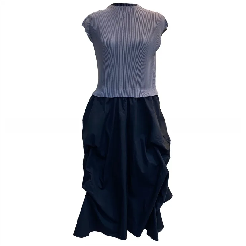 Miyake Pleated Women's Dress Sleeveless Vest Long Elegant Temperament Loose Waist Irregular Large Hem Flower Pod Skirt