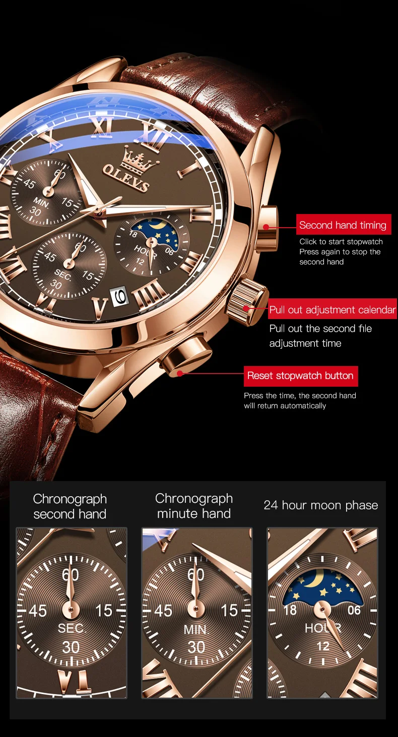 OLEVS 2871 Man Watch Chronograph Waterproof Moon Phase Multifunction Men\'s Wristwatch Luxury Brand Original Quartz Watch for Men