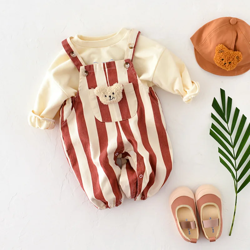 

Spring Baby Rompers Striped Baby Overall Bear Doll Infant Girls Jumpsuits Boys Clothes