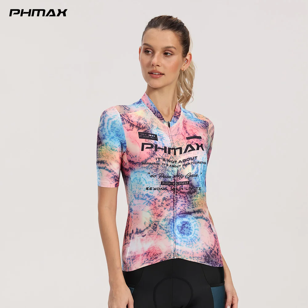 PHMAX Damen-Radtrikot mit kurzen Ärmeln, atmungsaktiv, schnelltrocknend, für den Sommer, MTB, Rennrad, reflektierend, 3 Taschen, Fahrradoberteil, Pro