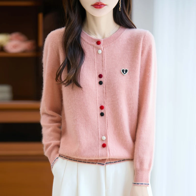 Cardigan en laine 100 % pure, tricoté, pour femmes, coupe ample, col rond, boutons colorés, long cardigan à blocs de couleurs.