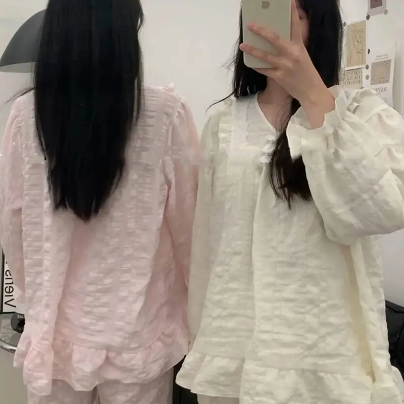 Women's Pajama Set Princess Collar Long Sleeve Loose Fit Sweet Style Long Pants Spring Autumn Thin Home Clothes
