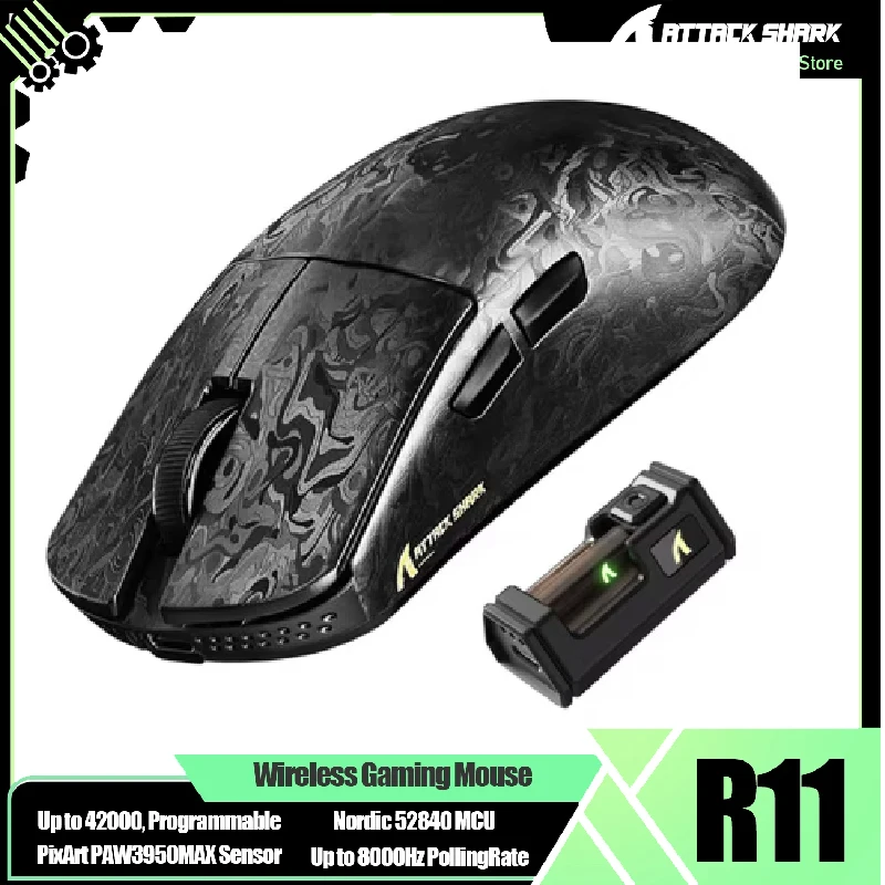 

Новая беспроводная игровая мышь ATTACK SHARK R11 ULTRA, 49 г, карбоновое волокно, 8000 Гц, 42000 точек на дюйм, 20000 кадров в секунду, PAW3950MAX, чип Nordic 52840