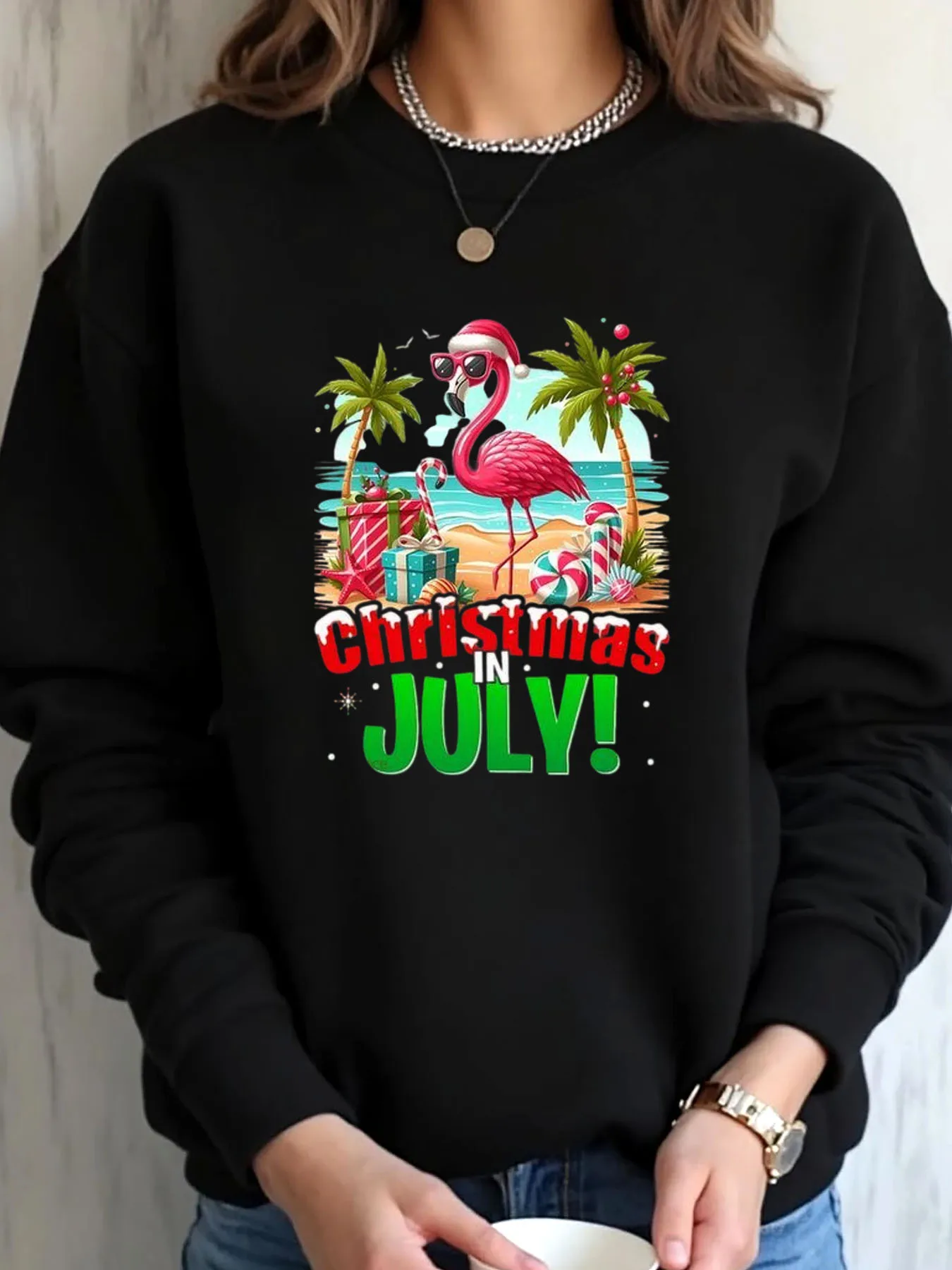 

Женская толстовка большого размера на Рождество в июле с пляжным принтом фламинго, уличная одежда