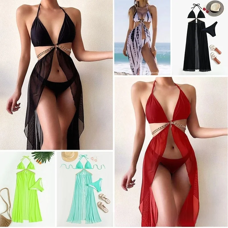 

2023 Three-Piece Metal Chain Bikini Swimsuit V-Neck Women's Sporty Yoga Fitness Fan Gear Polyester Material with Chest Pad