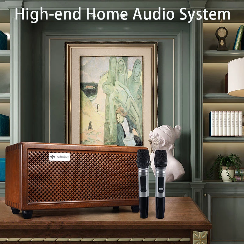 Solid Wood Retro Stereo Speaker 100W Bluetooth 5.0 Karaoke Soundbox Built-in Mic With 2 Wireless Microphones