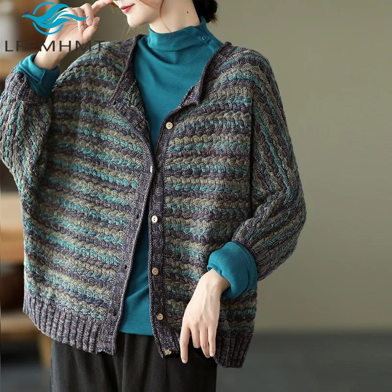 เสื้อสเวตเตอร์วินเทจสำหรับผู้หญิง ฤดูหนาว ฤดูใบไม้ร่วง คุณภาพดี อุ่น หนา แขนยาว ถักนิตติ้ง คาร์ดิแกน คอวี เสื้อคลุมถัก