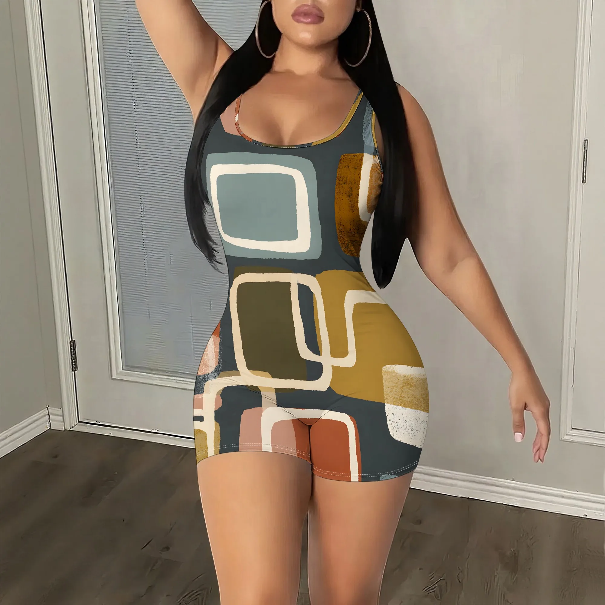 Retro Geometric Print Sleeveless Romper, Abstract Shapes Jumpsuit, Bodycon Playsuit for Women, Summer Casual Outfit, S-2XL