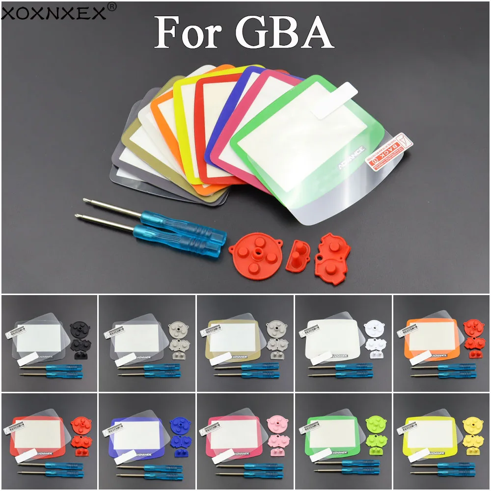 Plastic Lens Mirror & Clear Protective Film + Conductive Rubber Button and Screwdriver For GBA Console Screen Lens Protector