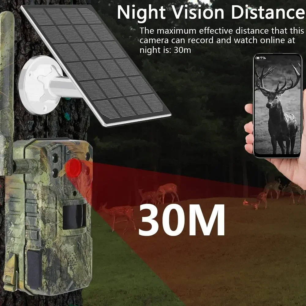 Waterproof Solar Cameme Hunting Trail Camera 20M PIR Motion Detection Wildlife Camera 4K 14MP 4G SIM Card 30M Night Vision