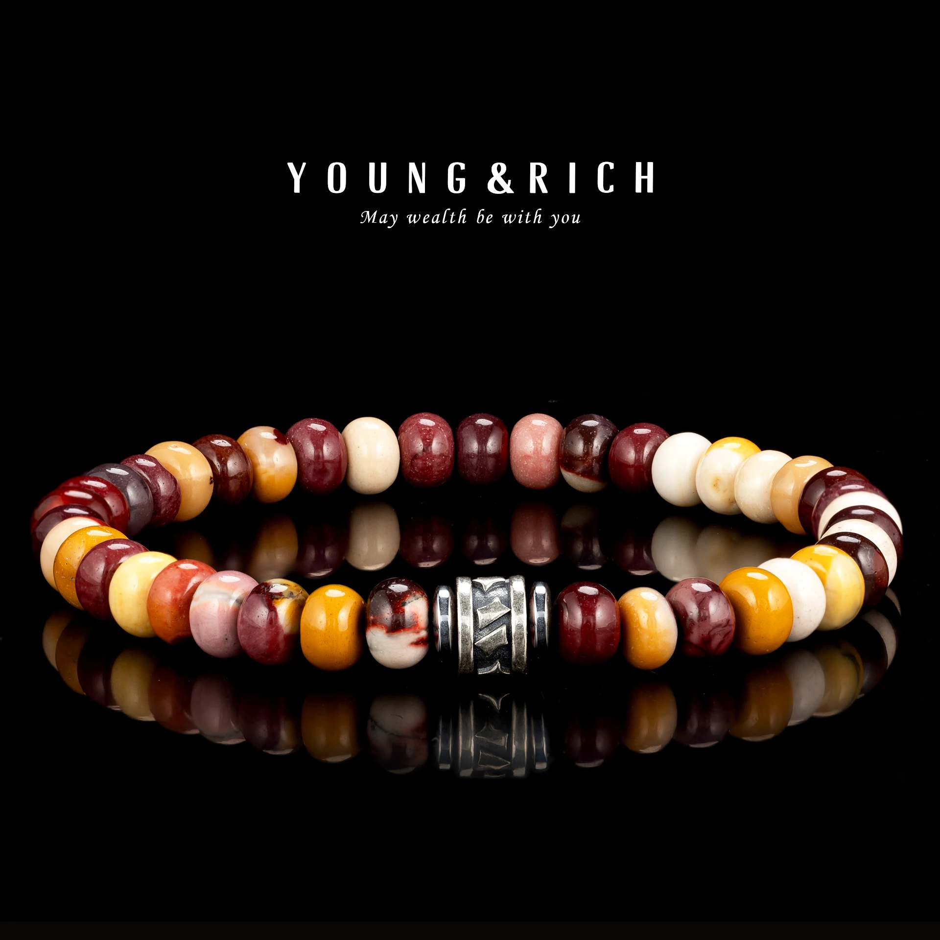 YOUNG & RICH Men's Natural Mookaite Jasper Bracelet, Warm Tone Smooth Beaded Elastic Bracelet, Minimalist Casual Jewelry for Men