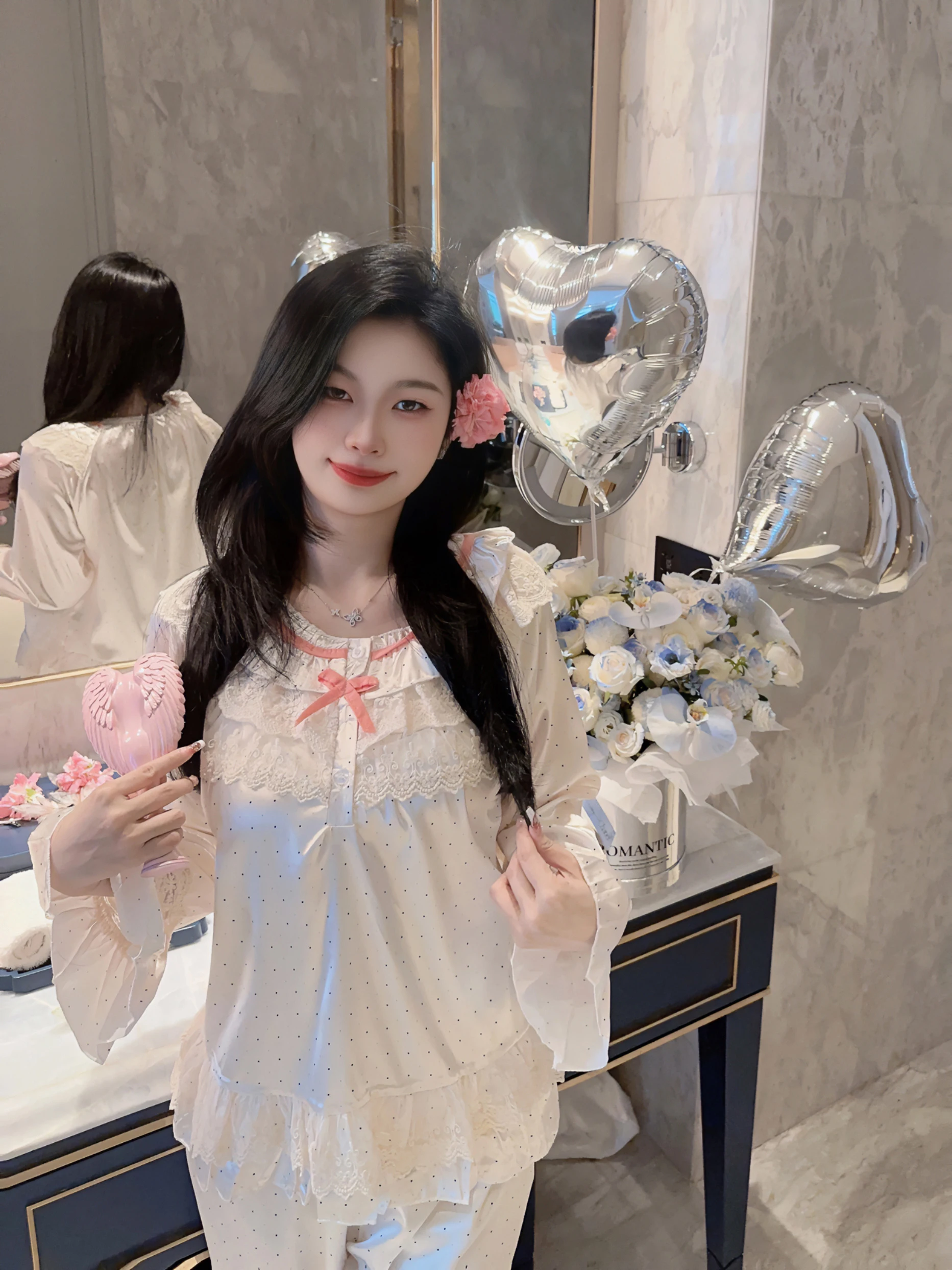 Spring Autumn New Sweet Japanese Polka Dot Printing Cute Girl Ice Silk Pajamas Skin-friendly Cool Casual Lace Outdoor Loungewear