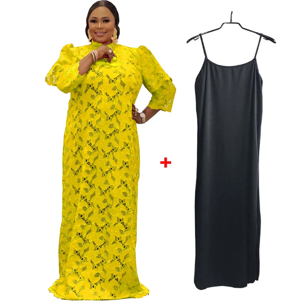 African Lace Abayas Maxi Dresses Dashiki Kaftan Boubou Robe Women Hollow Out Casual Bazin Rich Gowns 2024 New Arrival Long Dress