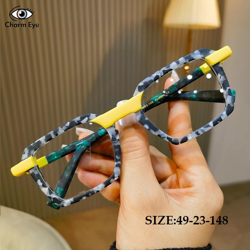 High End Matte Acetate Eyeglass Frame for Women Fashion Square Color Blocked Large Face 155 Retro Men Myopia Optical Glasses