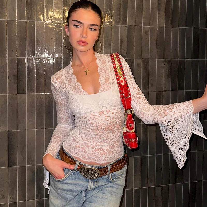 V-Neck Flare Sleeve Lace Top Women Sexy Transparent Long Sleeve Crop Top Fashion Woman Blouses And Shirts 2024