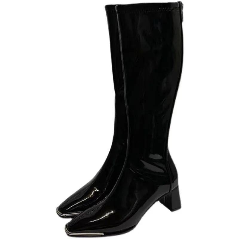 Winter Women Shoes 2022 New Korean Fashion Women Knee Length Boots Solid Patent Leather Boots Personality Square Head High Heels