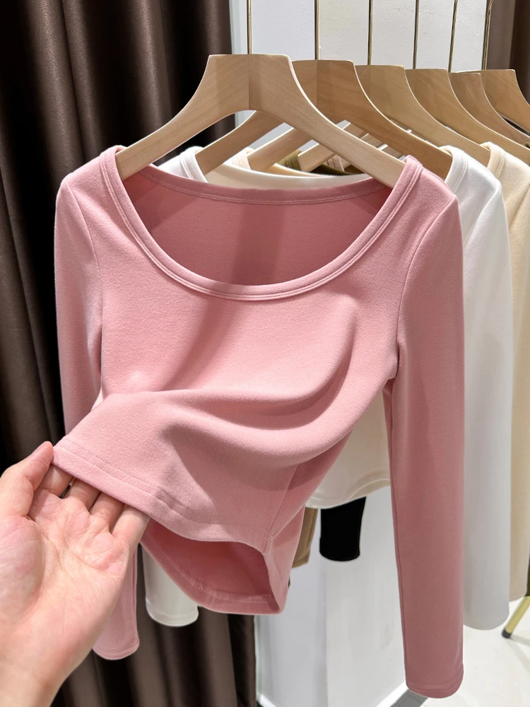 

Розовое, сладкое, пикантное, низкокройное женское термобелье из вельвета для осени и зимы, теплое нижнее белье, футболка-термобелье