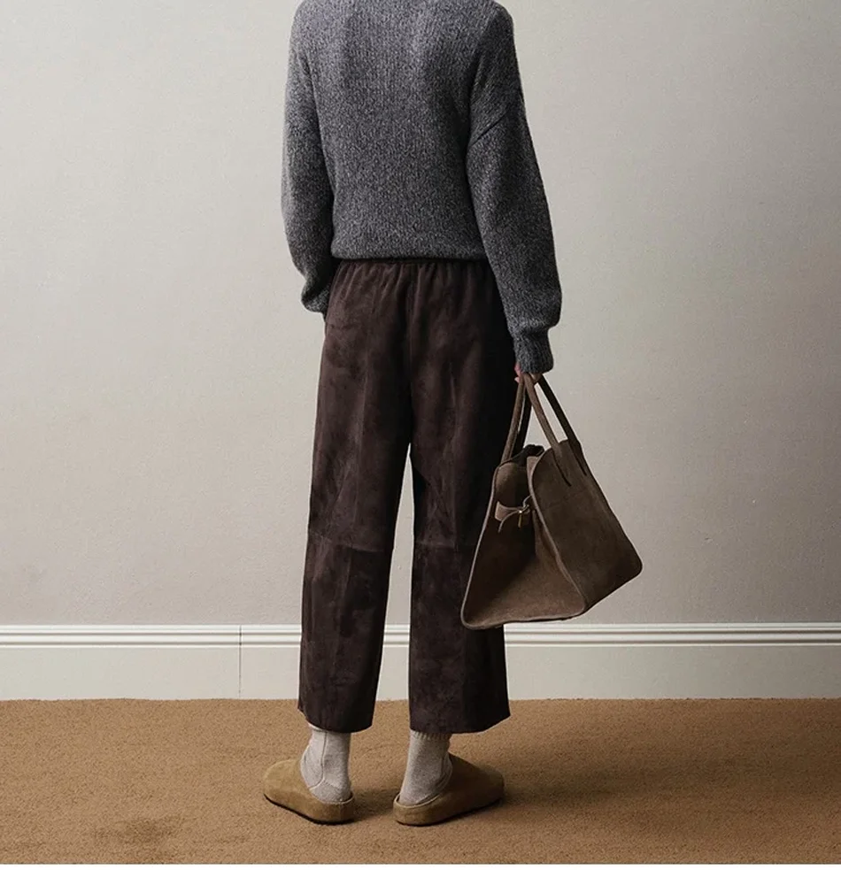 Retro 2025 Leather Ankle-Length Pants Women Elastic Waist Suede Sheepskin Wide Leg Length Straight Cylinder Trousers Black brown