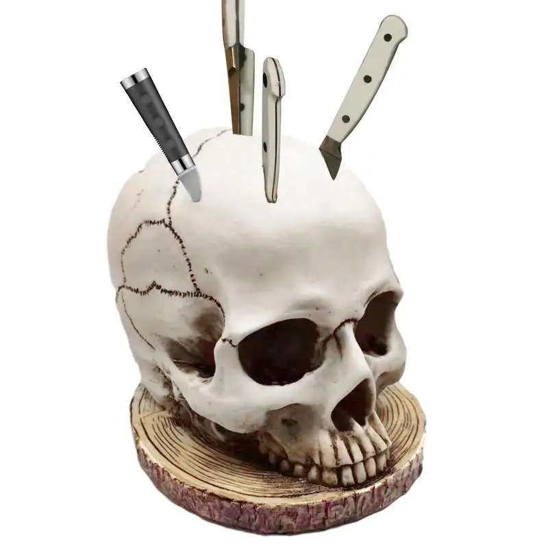 Skull Knife Holder for Kitchen Skeleton Knife Stand Fruit Knife Storage Rack Ornament Horror Skull Knife Rack Halloween decor