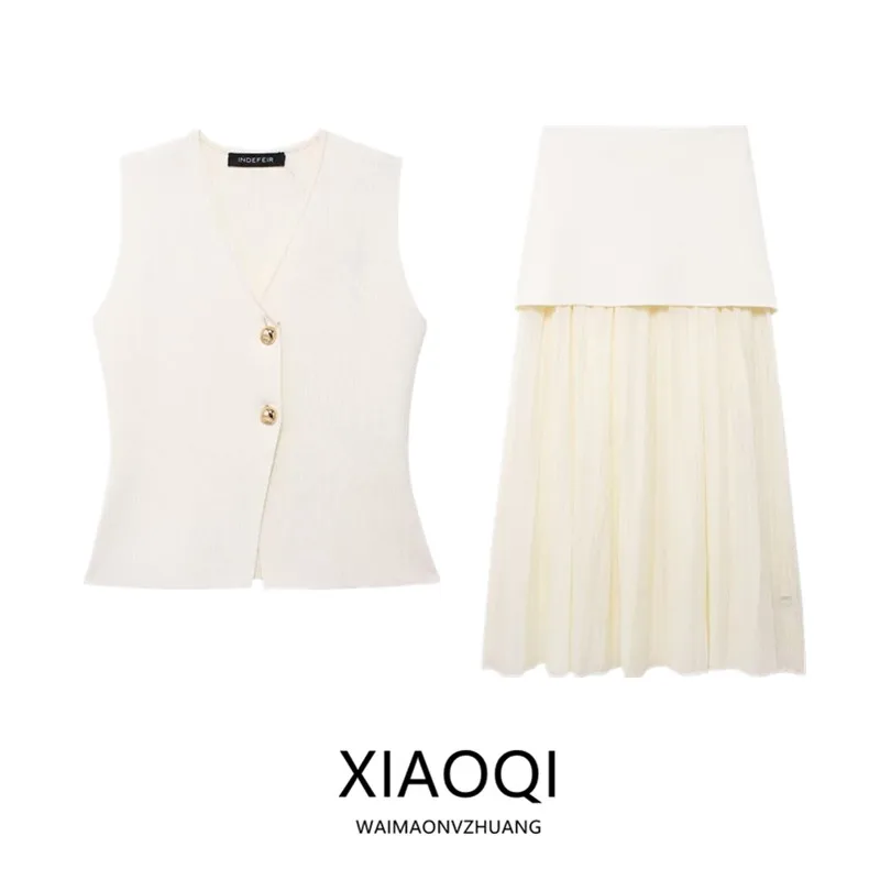 

Вязаный жилет с золотыми пуговицами и высокой талией, лоскутная юбка, комплект Faion, Новое поступление лета 2024, женская одежда Ele Sle