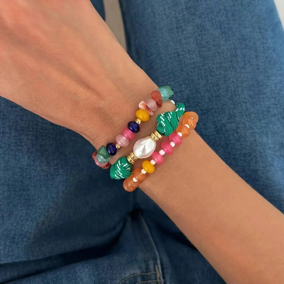 IngeSight.Z 3Pcs/Set Colorful CCB Glass Beads Rice Beads Bangles for Women Boho Green Blue Nylon Rope Bracelet Stackable Jewelry
