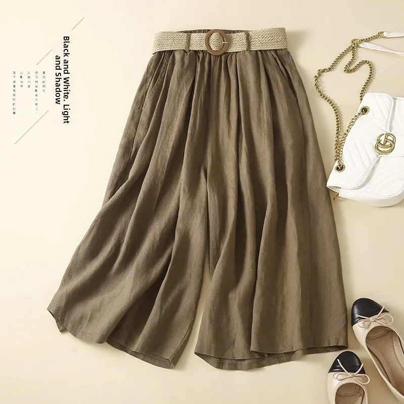 

Широкие брюки с высокой талией, женские облегающие свободные хлопковые льняные брюки, повседневные брюки для поездок на работу, летний сезон, семь длин