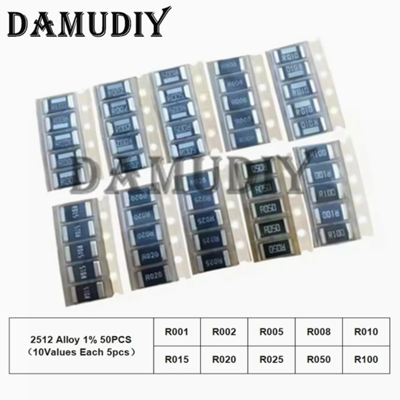 50pcs/Lot Alloy Resistance 2512 1% SMD Resistor Assorted Kit 10valuesX5pcs R001 R002 R005 R008 R010 R015 R020 R025 R050 R100