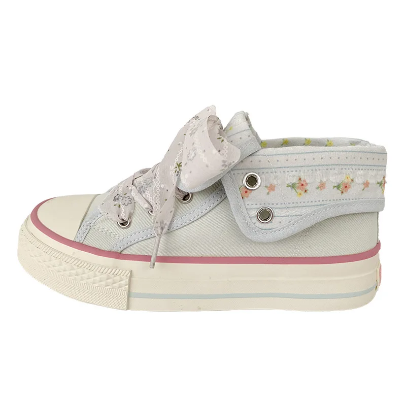 2026 New Women Canvas Sneaker Floral Cover 2-Way Wear Casual Student School Sport Shoe White Lace Up Ribbon Lace Summer Pink Dot