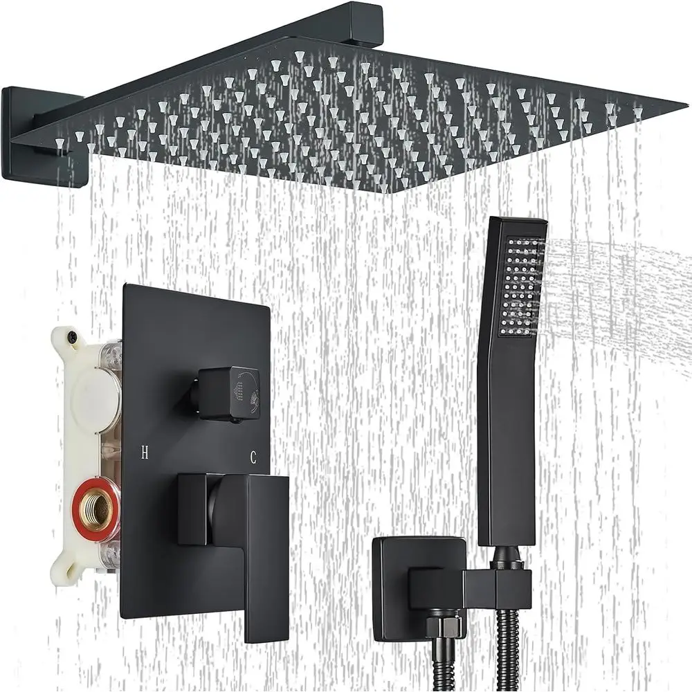 12-Inch Matte Black Luxury Shower System with Rain and Handheld Sprays