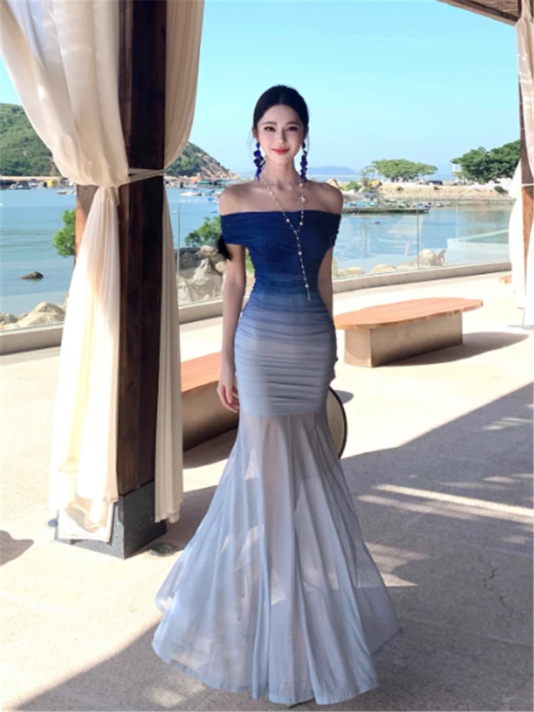 Holiday Summer Slash Neck Blue Gradient Mermaid Long Dress Off Shoulder Seaside Vacation Strapless Bodycon Mesh Maxi Beach Dress