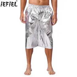 Shorts de streetwear metálico brilhante masculino, calças curtas soltas, festival de música, roupa rave, discoteca tema festa clubwear, moda casual