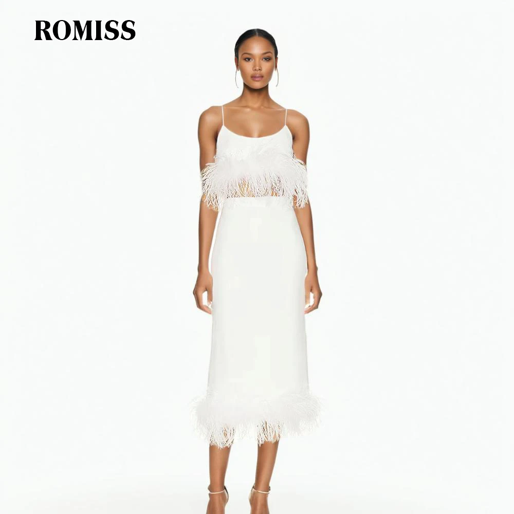 

ROMISS Patchwork Feathers Two Piece Set For Women Square Collar Sleeveless Top High Waist Skirt Temperament Sets Female