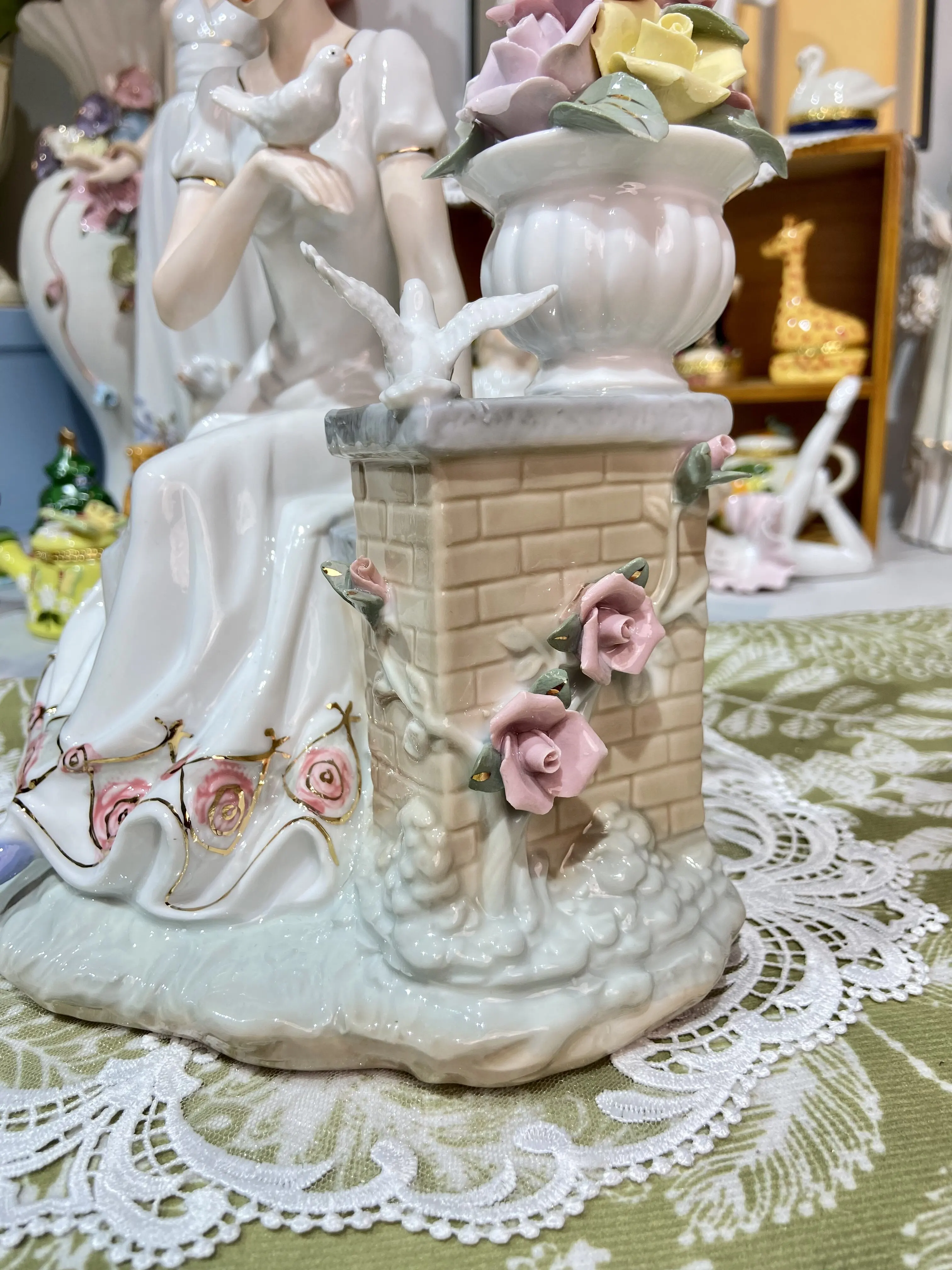 Vintage Porcelain Lady Figurine with White Dove & Flower Vase Elegant Sitting Girl Ceramic Statue Home Living Room Decoration view 3