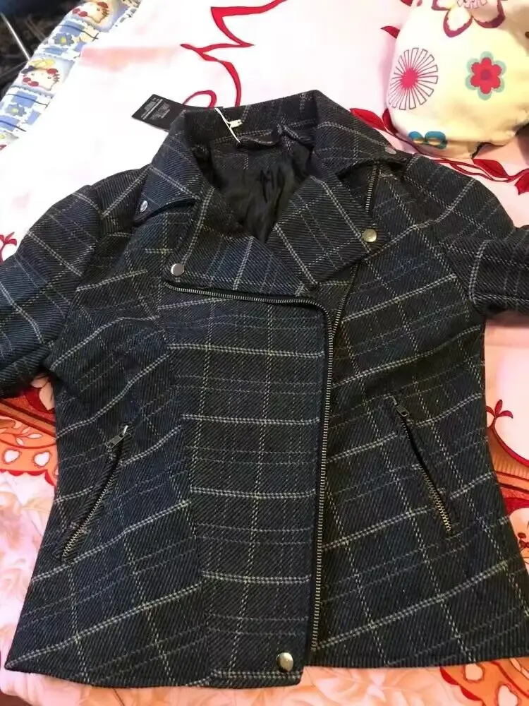 Chic Plaid Short Jackets Women Navy Blue Slim Woolen Office Lady Casual Biker Vintage Outwear Coat